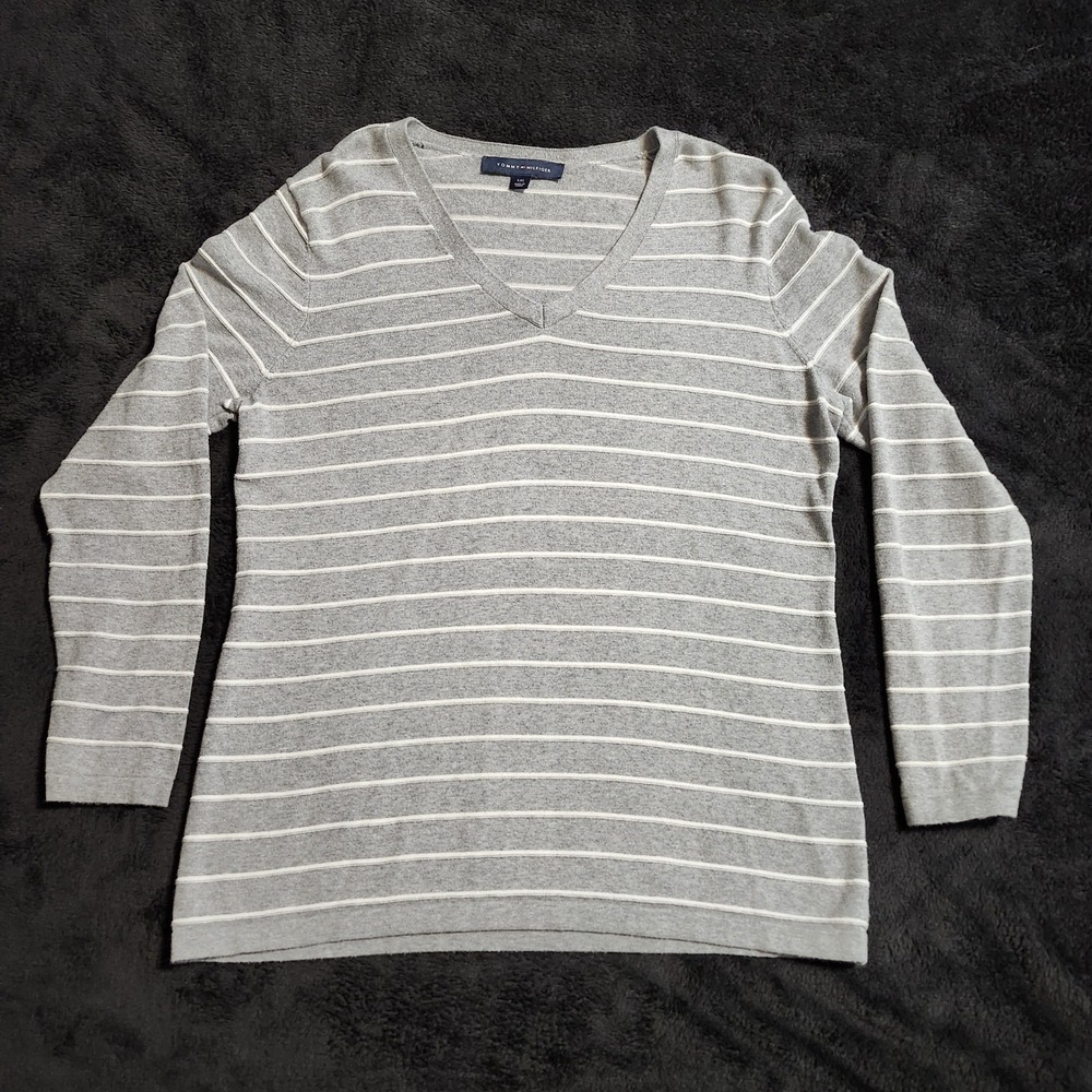 Tommy Hilfiger Women's Sweater Size Large Gray White Striped V-Neck 100% Cotton